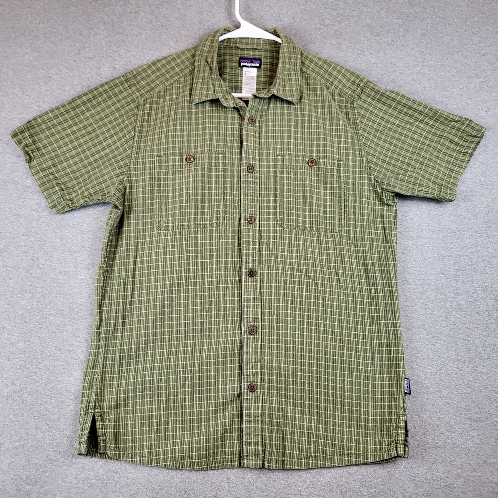 Patagonia Shirt Adult Medium Green Checkered Button Up Short Sleeves Hemp Mens